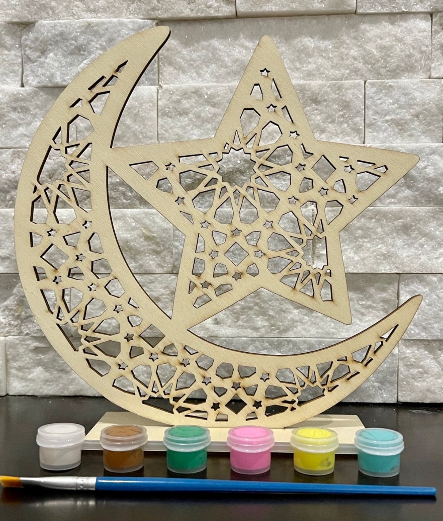 ديكور عيد رمضان على شكل قمر خشبي | اصنع بنفسك مجموعة من الألوان | هدية العيد | هدية رمضان | نشاط رمضان للأطفال | ديكور المكتب | قمر هندسي