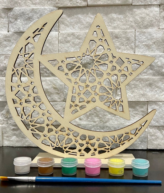 ديكور عيد رمضان على شكل قمر خشبي | اصنع بنفسك مجموعة من الألوان | هدية العيد | هدية رمضان | نشاط رمضان للأطفال | ديكور المكتب | قمر هندسي